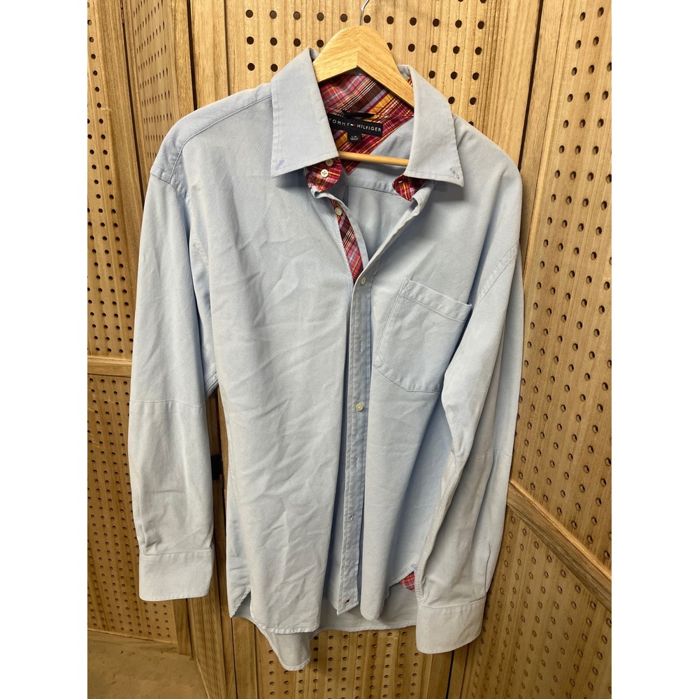 Tommy Hilfiger Mens Light Blue Corduroy Button Down Shirt Plaid Trim Large